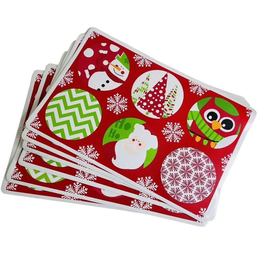 Christmas Placemat Set Red Green Holiday Design Vinyl 11.75" x 17.75" Vintage